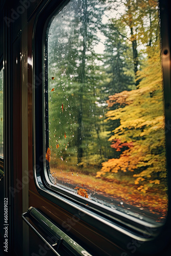 view of the autumn forest from the train window 