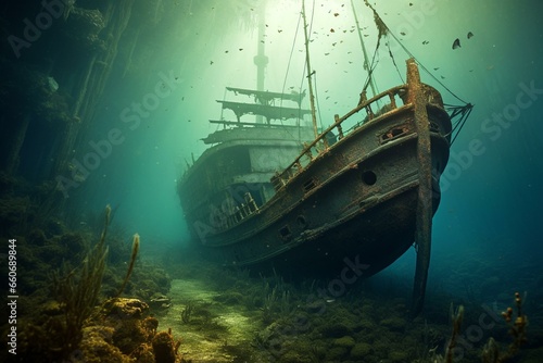 shipwreck deep underwater. Generative AI © Genevieve
