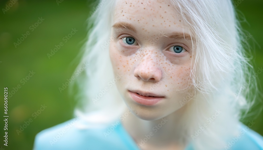 Close-up portrait of a young serene albino woman with unusual appearance. Face full of freckles. Naive and pure look. Inclusion and diversity. Generative AI. Close-up portrait of a young serene albino woman with unusual appearance. Face full of freckles. Naive and pure look. Inclusion and diversity. Generative AI.