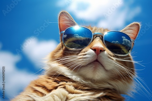 Cat in sunglasses basks in the sun skylight. Beautiful illustration picture