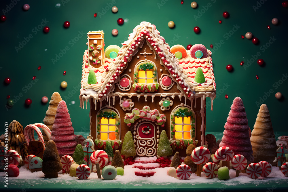 Sweet candy house in candyland made of variety of sweets. Festive Christmas and New Year holiday season baking idea. Delicious gingerbread, cookies, sweets, caramels, candy cane and cakes... 