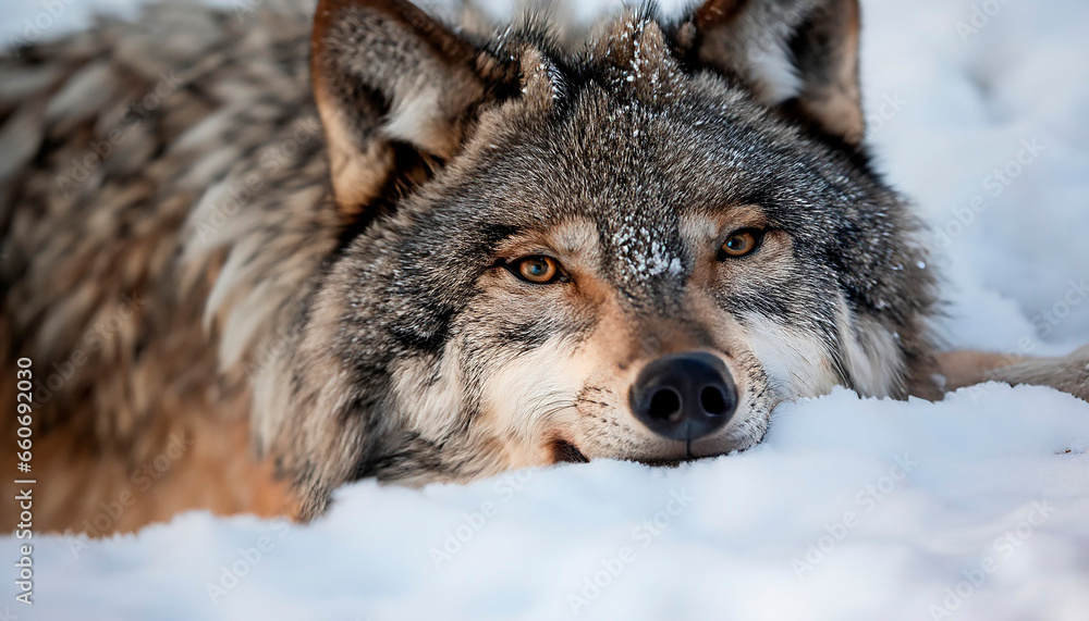 Fototapeta premium Lobo gris americano descansando sobre la nieve