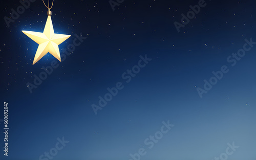 Golden Christmas star hanging on a blue night sky. 3D Rendering