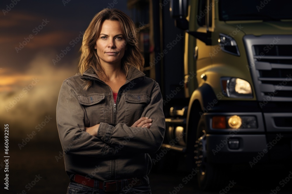 Portrait of beautiful woman professional truck driver Portrait of beautiful woman professional truck driver