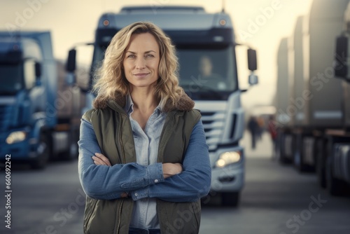 Portrait of beautiful woman professional truck driver