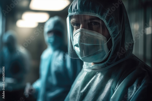 científicos vestidos con equipos de protección integral en laboratorio, concepto pandemia photo