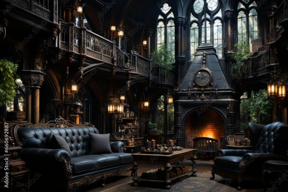 Gothic Revival living room with dark, dramatic furnishings and intricate architecture