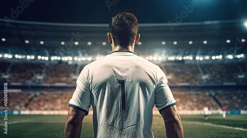Back view of soccer player standing on the edge of football field © PaulShlykov