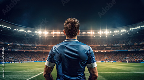 Back view of soccer player standing on the edge of football field