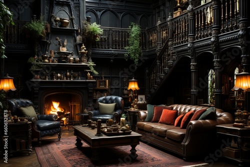 Gothic Revival living room with dark  dramatic furnishings and intricate architecture