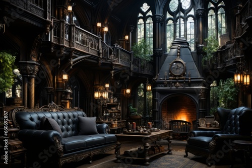 Gothic Revival living room with dark  dramatic furnishings and intricate architecture