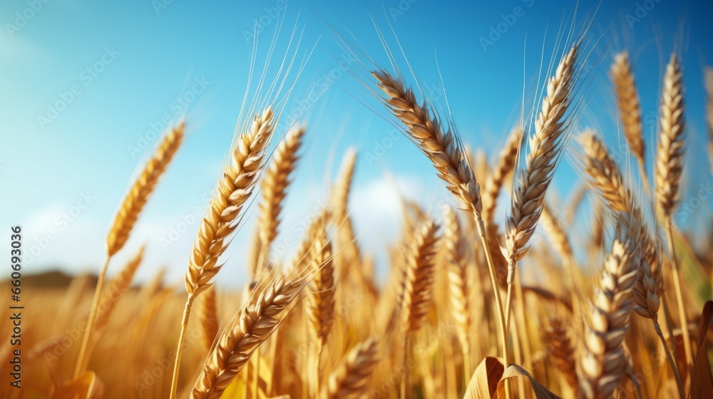 Close-Up of Lush Yellow Agricultural Field with Ripe Wheat under a Clear Blue Sky - Bountiful Harvest and Farming Beauty with Ears of Wheat Close-Up of Lush Yellow Agricultural Field with Ripe Wheat under a Clear Blue Sky - Bountiful Harvest and Farming Beauty with Ears of Wheat