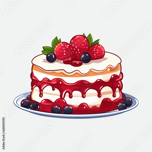 Vector colorful sweet cake isolated on white or transparent background. Cute birthday cake decorated with cream topping, fruit.