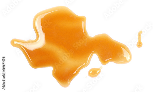 Spilled dark stout beer puddle  with foam, isolated on white, top view, clipping path
