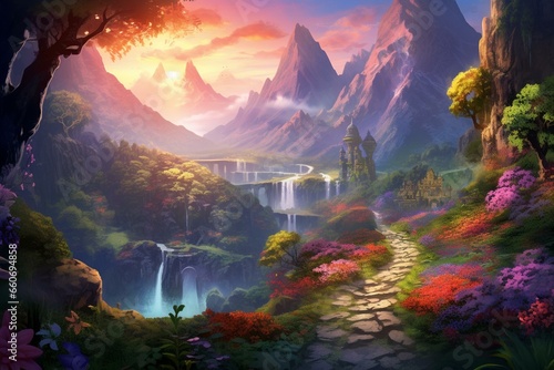 An enchanting pathway through a mountainous valley, depicted in a fantastical artwork. Generative AI © Farrah