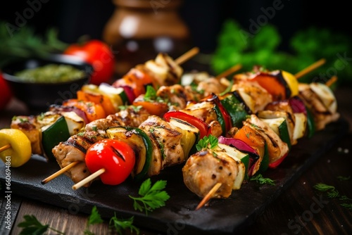 Close-up of grilled chicken and vegetable kebabs on a green board, perfect for a healthy diet. Generative AI