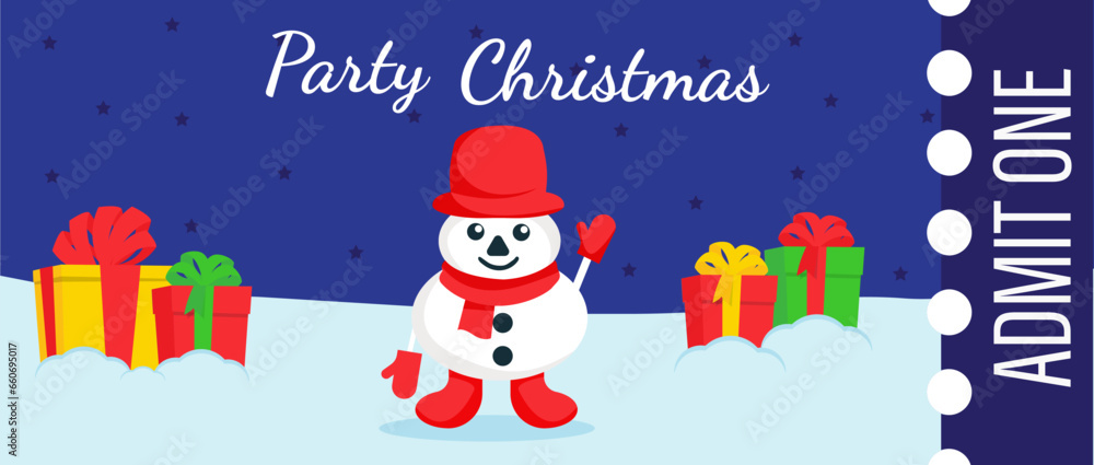 Christmas party ticket, snowman with Christmas gifts Christmas party ticket, snowman with Christmas gifts