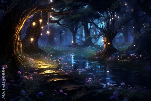 Magical woodland at night with glowing flora and ethereal illumination. Generative AI