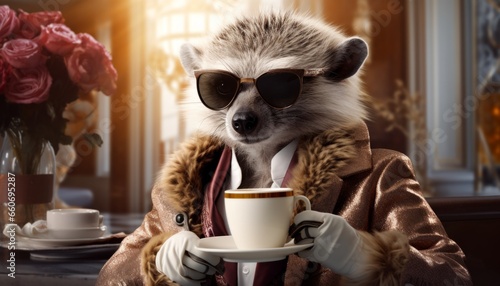 A hedgehog in a suit drinks coffee in a cafe.