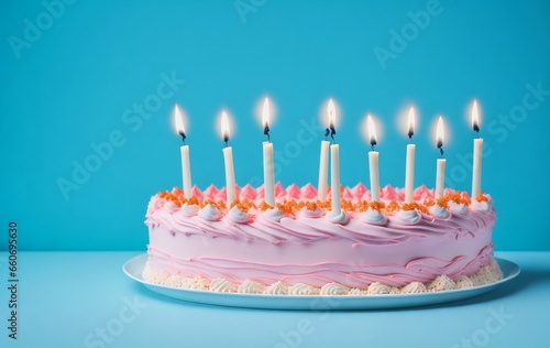 birthday cake candles on pastel blue background with copy space created with generative Ai