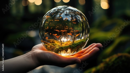 hand of a person with a black glove holding up a glass lens ball in a forest