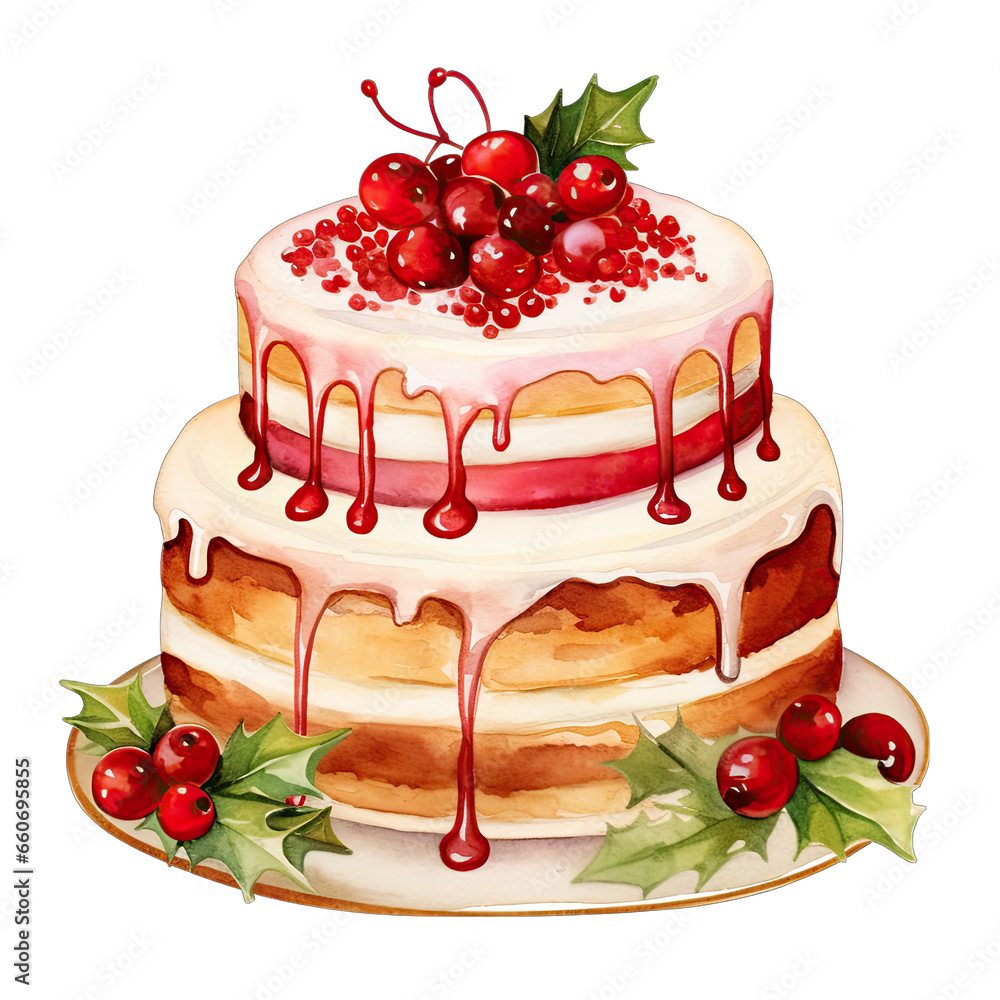 Festive christmas layered cake with berries, isolated on white transparent background