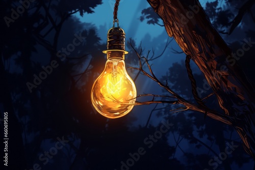 Glowing light bulb dangling from a fraying wire outdoors at night
