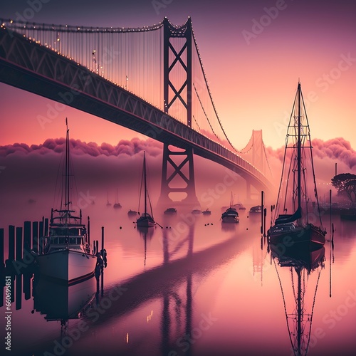 sanfransico bridge on A FOGGY sunset above the WATER with boats sailing below ans pink clouds  photo