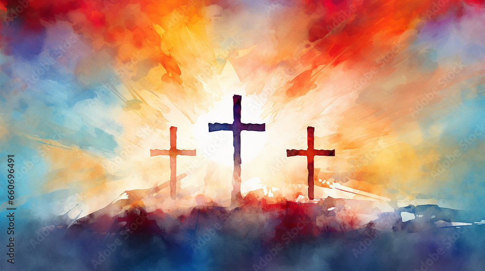 Projeto de fundo de Páscoa de três cruzes brancas no fundo do nascer do sol em aquarela em vermelho laranja e azul, design de feriado cristão religioso Projeto de fundo de Páscoa de três cruzes brancas no fundo do nascer do sol em aquarela em vermelho laranja e azul, design de feriado cristão religioso