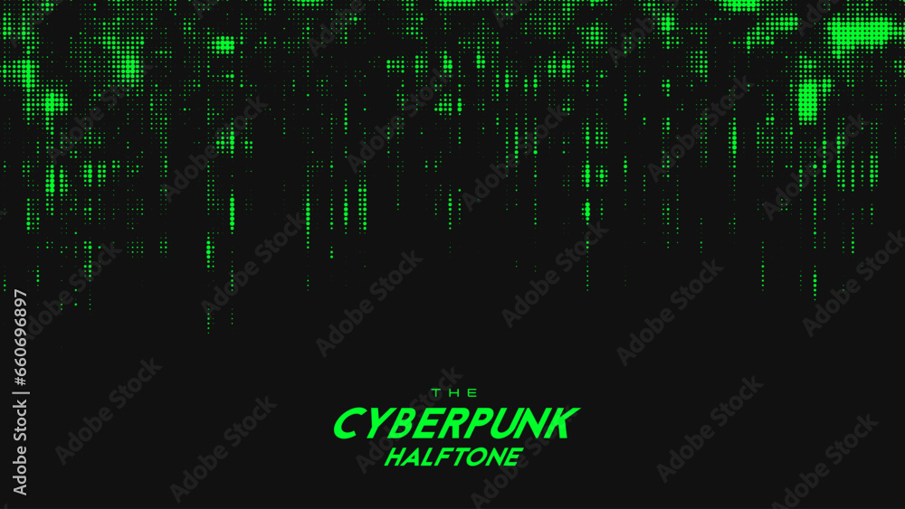 Fototapeta premium Abstract vector green cyberpunk halftone sound wave. Scrathed dotted texture element.