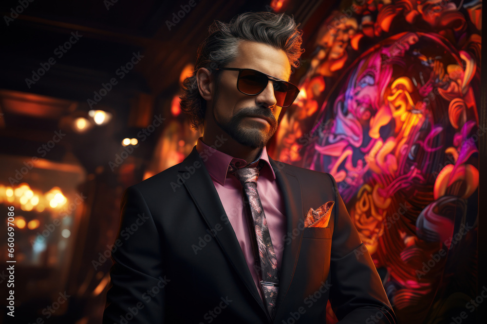 A Person wearing a stylish suit leaning against a neon-lit bar counter during a Christmas party. Generative AI A Person wearing a stylish suit leaning against a neon-lit bar counter during a Christmas party. Generative AI