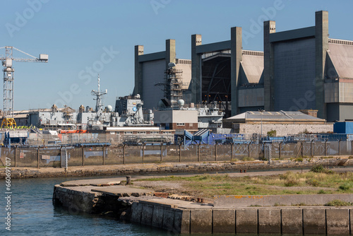 Plymouth, Devon, England, UK.  06. 09. 2023.  Navy ship in for repair at the largest navy repair yard in western Europe. HMNB Devonport. UK.
