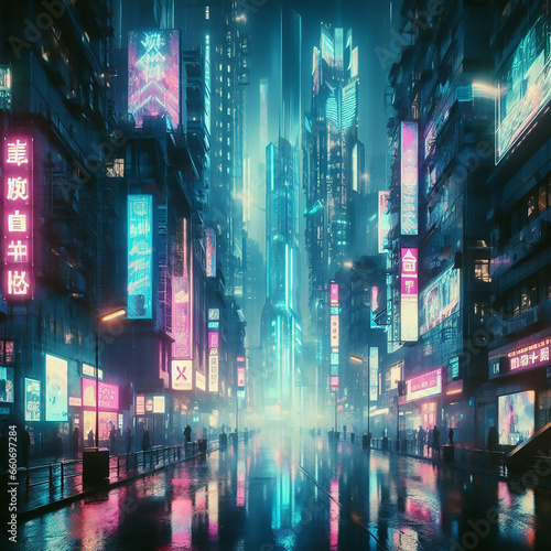 Futuristic cyberpunk city full of neon lights 