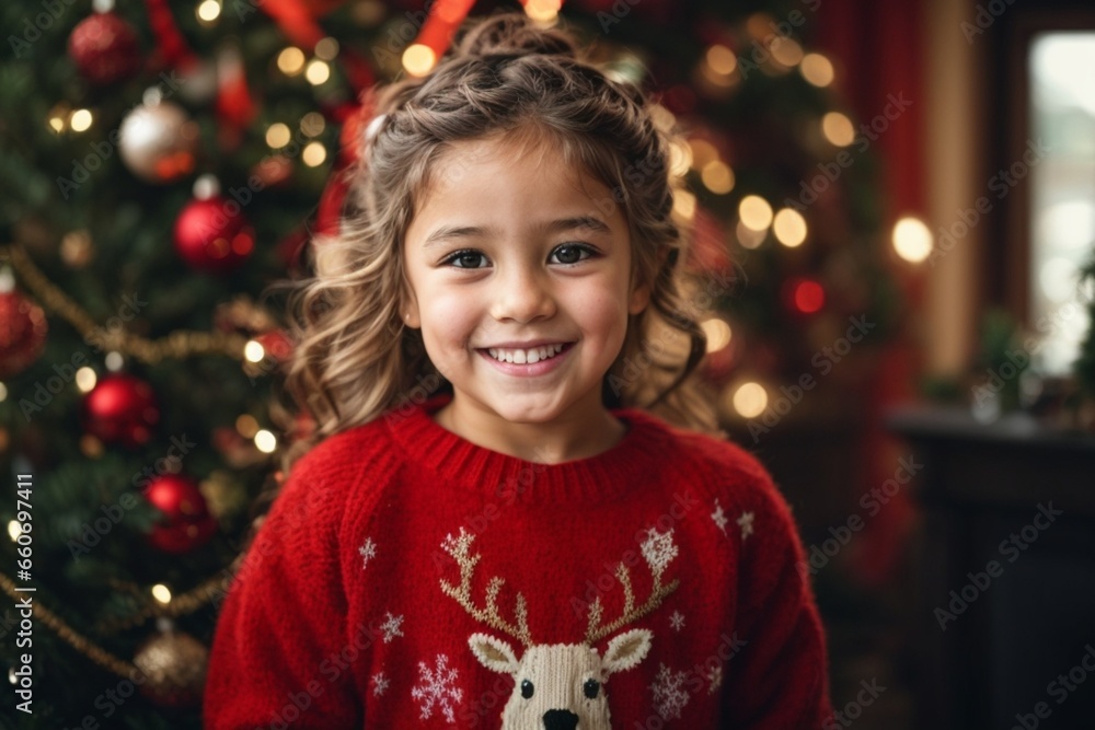 Festive Wonder: Young Child in Christmas Pajamas by the Tree Festive Wonder: Young Child in Christmas Pajamas by the Tree
