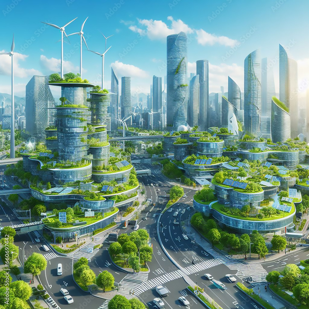 An eco-friendly utopian cityscape, where renewable energy sources are ...