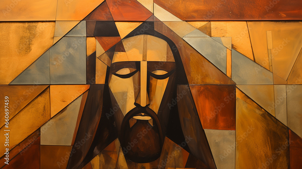Jesus cristo carregando a cruz, arte abstrata religiosa em tons marrons com dourado rudimentar 