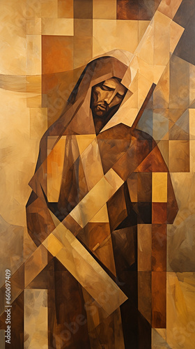 Jesus cristo carregando a cruz, arte abstrata religiosa em tons marrons com dourado rudimentar  photo