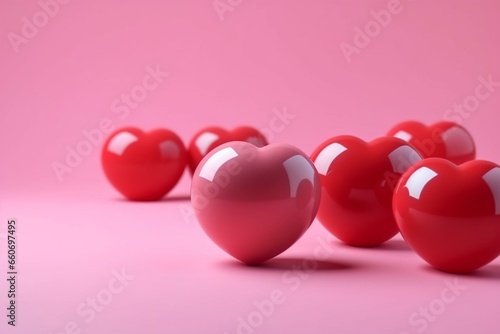 Heart-shaped red balls on a pink background. Generative AI © Lea