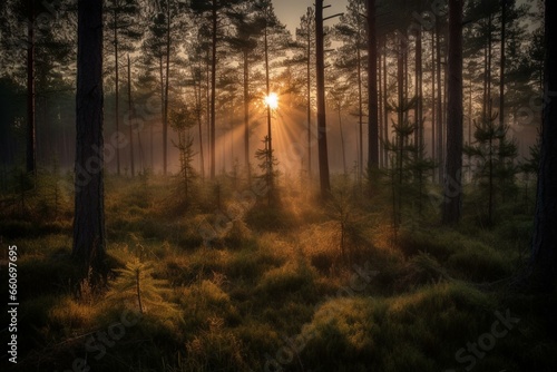 A beautiful sunrise illuminating a serene pine forest. Generative AI