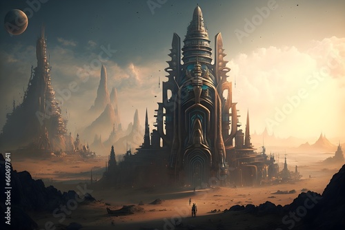 Futuristic mega city with an exaggerated temple from a postapocalyptic religion located at its center  photo