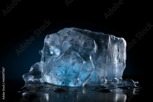Ice block on dark blue background. Generative AI