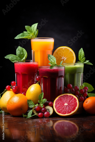 Shots of fresh juices , different fruits and colors, natural energizing Immune-boosting with healthy vitamins and nutrients. Detox concept. High quality photo
