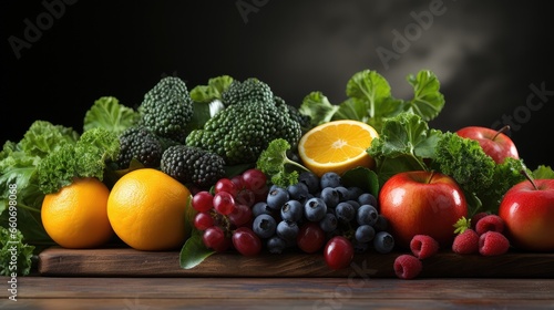 Healthy diet food background  various fresh fruits and vegetables on stone table