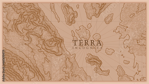 Ancient abstract earth relief old map. Generated conceptual vector elevation map of fantasy landscape.