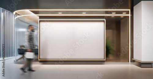 corporate branding logo white blank billboard or picture frame mockup with modern business offices wall entrance or meeting room reception background, business man passing in motion blur