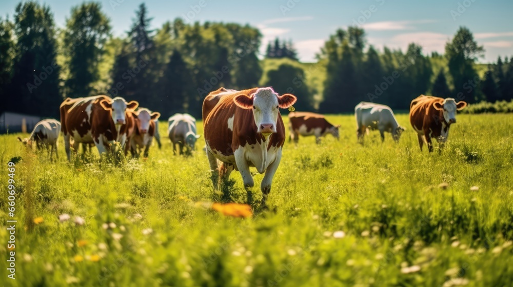 Obraz premium herd of cows in the pasture on a sunny day