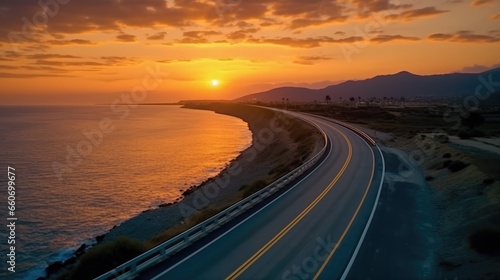highway landscape at sunset, Beautiful seaside road view