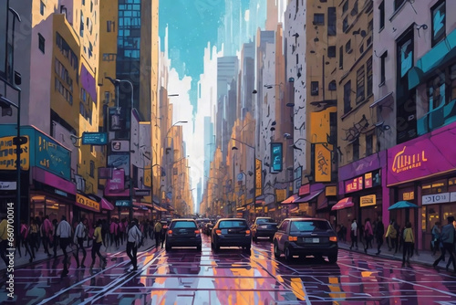 A colorful digital painting of a bustling city street, with people, cars, and buildings in a lively and energetic composition. Cyberpank city © Emma