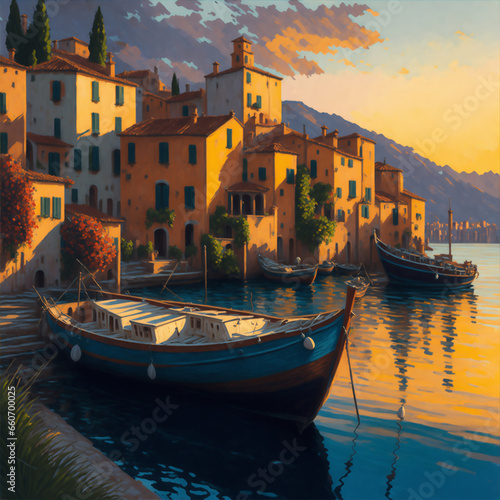 Italian seaside village with colorful buildings illustration, Portofino, Italy © Emma