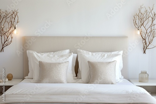 A bed with a white headboard and pillows, two lamps, and a white wall. Generative AI photo